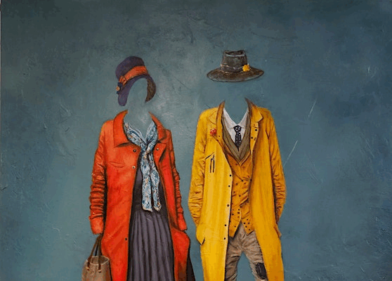 an image of a couple dressed in vintage 1940s style fashion, but without any visible face or hands