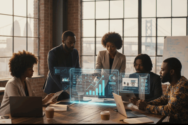 Black professionals having a meeting with digital projections