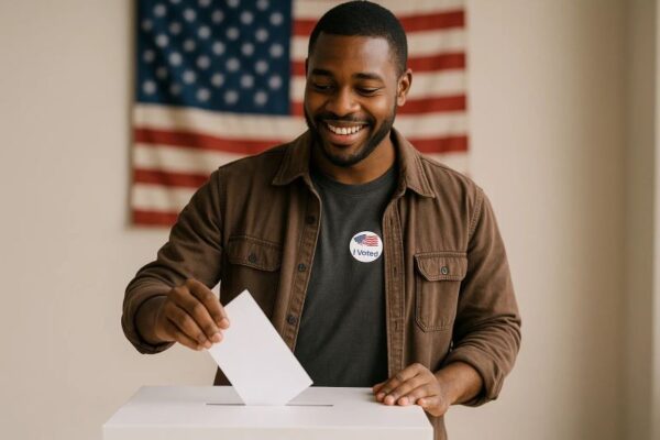 African American man in brown jacket casting vote, American flag in the background.