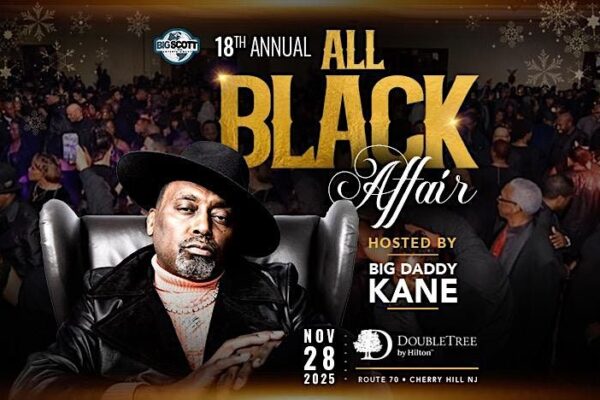 promotional image for the All Black Affair event featuring a photo of the event and the host Big Daddy Kane