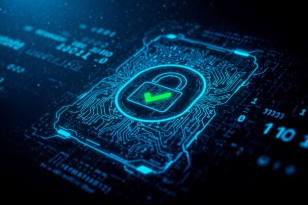 a digital image design of a lock and a microchip with codes