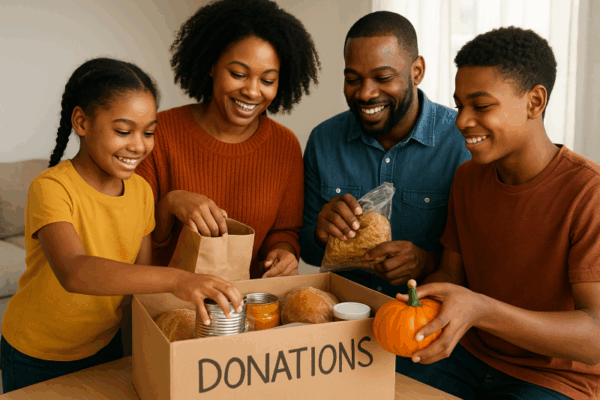 a Black family gathering donations in a box for a Thanksgiving food drive
