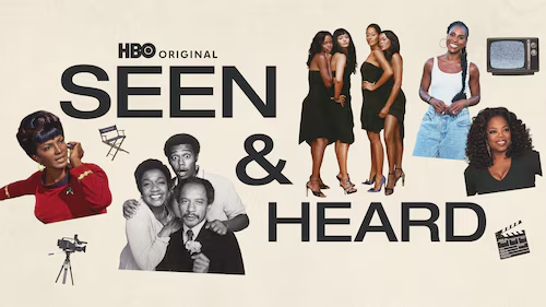 promotional image for Seen & Heard; with a collage of Black TV icons through history