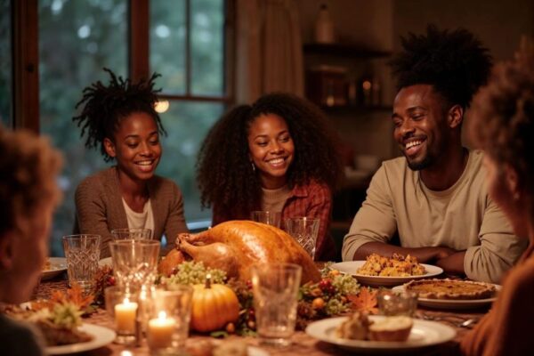 African American family gathered around the table with turkey for Thanksgiving dinner.