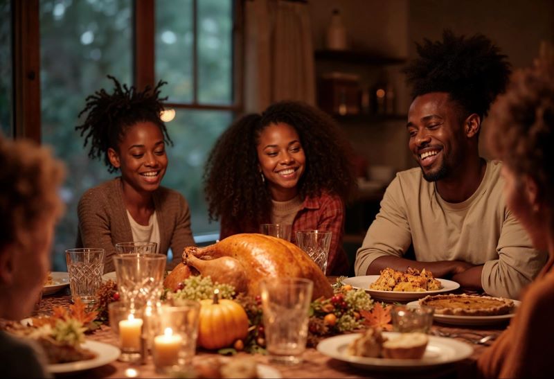 African American family gathered around the table with turkey for Thanksgiving dinner.