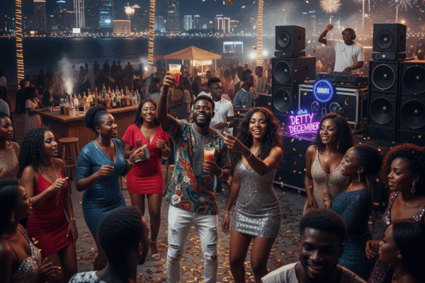 illustration of people partying at a beachside event in Lagos