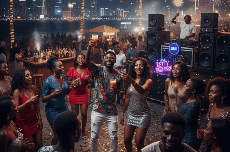 illustration of people partying at a beachside event in Lagos