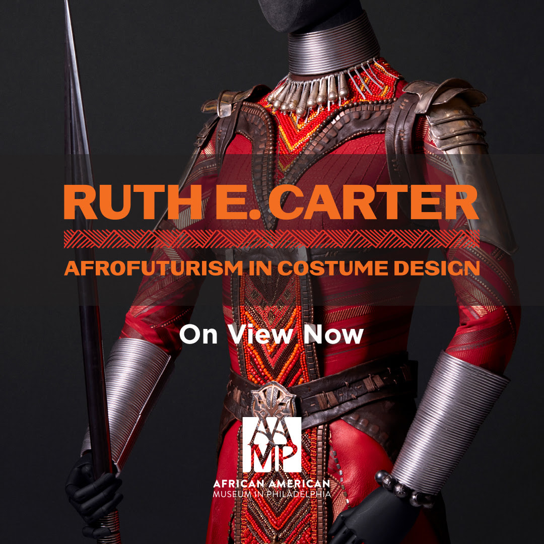 promotional image for Ruth E. Carter exhibit, with the Dora Milaje costume from the film Black Panther