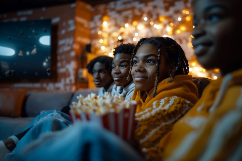 African American youth watching a movie, with holiday decorations in the background