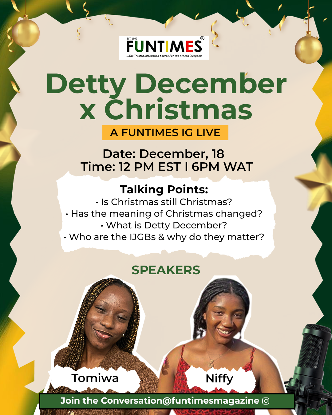 promotional image for FunTimes IG Live Detty December x Christmas with photos of hosts Tomiwa and Niffy