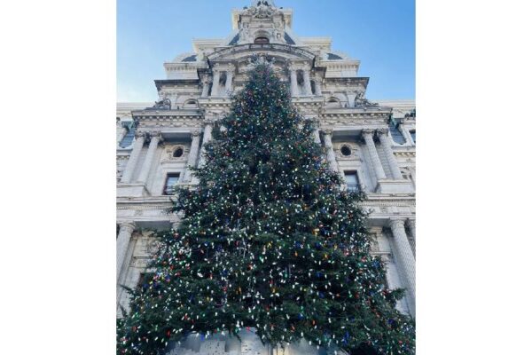 a towering Christmas tree in front of Philadelphia City Hall