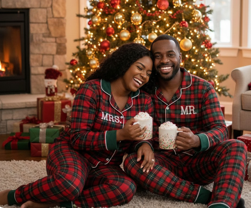 a Black couple sitting in front of a fireplace and Christmas tree drinking hot chocolate with whipped cream in matching plaid pajamas