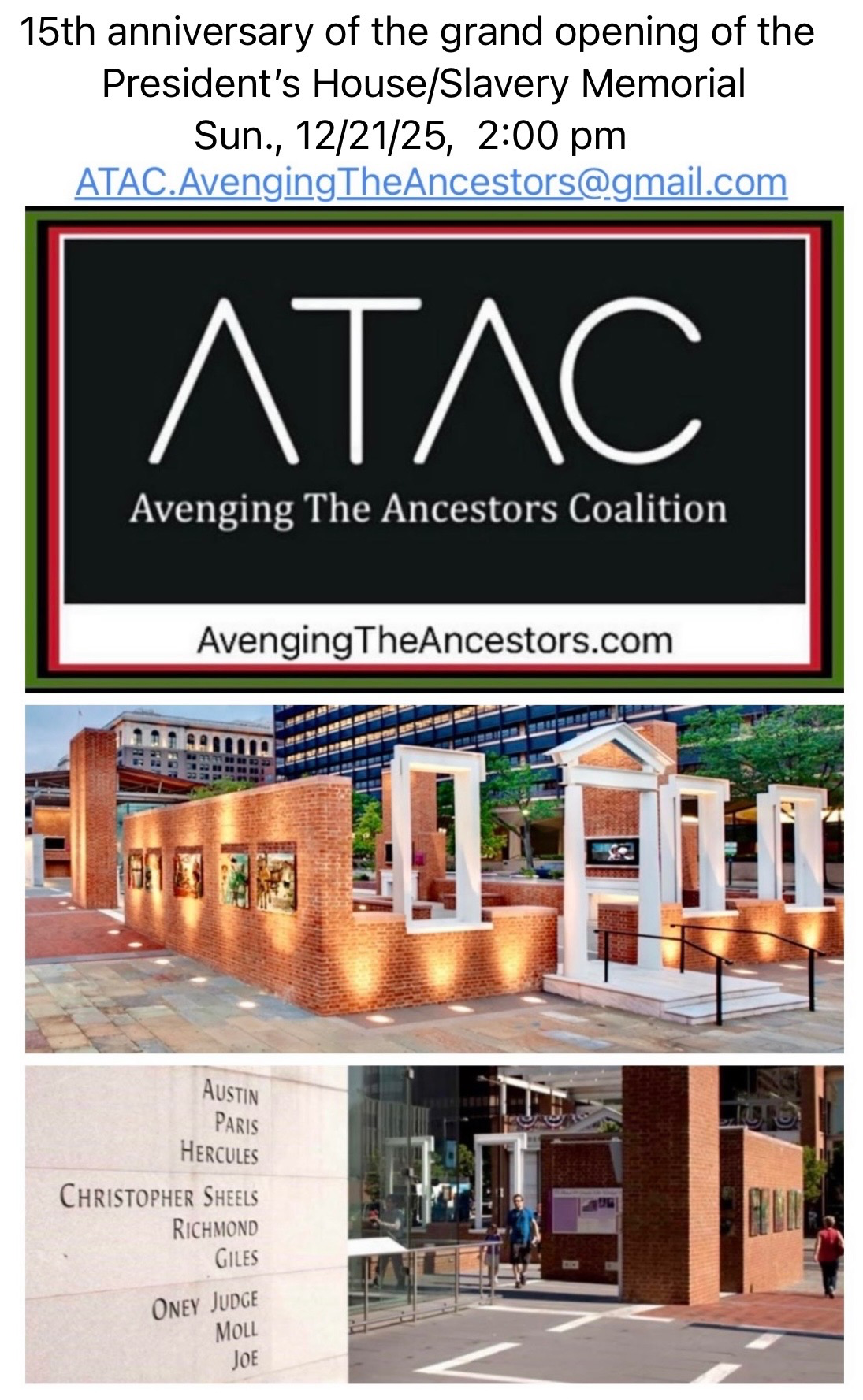 promotional image for Avenging the Ancestors, with the President’s House/Slavery Memorial, a self-guided outdoor exhibit