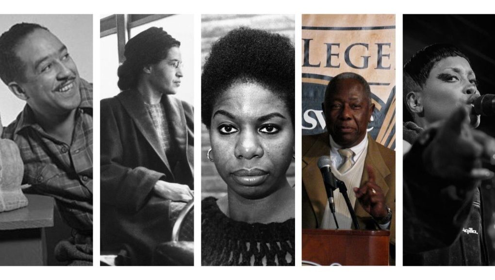 five famous figures in history who are African Americans born in February, including Langston Hughes, Rosa Parks, Nina Simone, Hand Aaron, and Erykah Badu