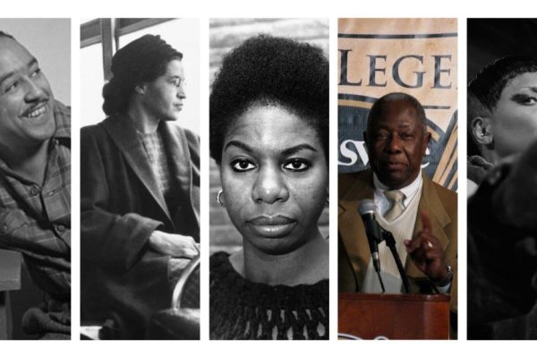 five famous figures in history who are African Americans born in February, including Langston Hughes, Rosa Parks, Nina Simone, Hand Aaron, and Erykah Badu