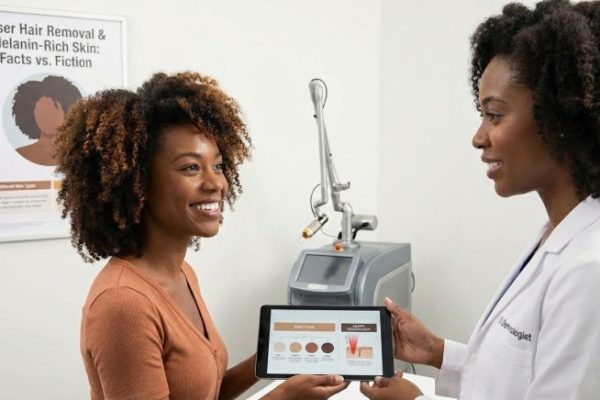 image of a Black female doctor educating a Black female patient about laser procedures