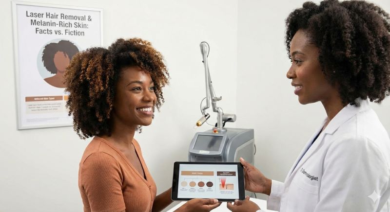 image of a Black female doctor educating a Black female patient about laser procedures