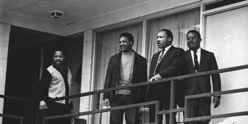 Hosea Williams, Jesse Jackson, Martin Luther King Jr., and Ralph Abernathy at the Lorraine Motel in Memphis, Tennessee