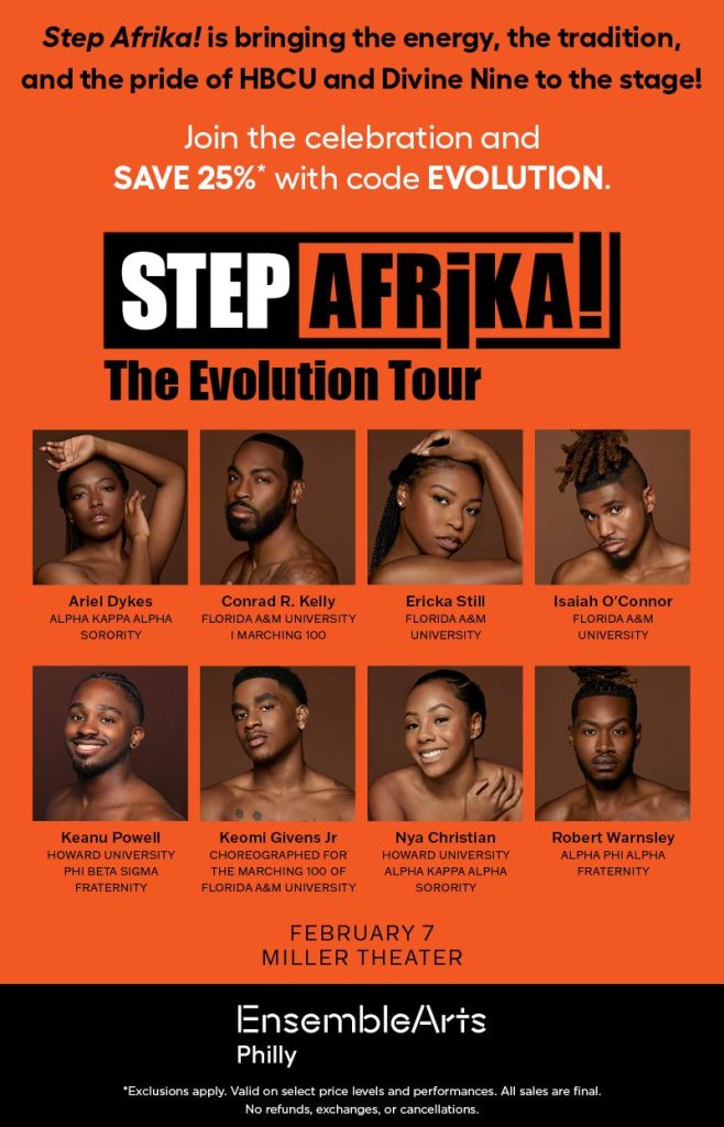 promotional image for Step Africa tour, with photos of performers and their profiles. Also save 25% with code EVOLUTION
