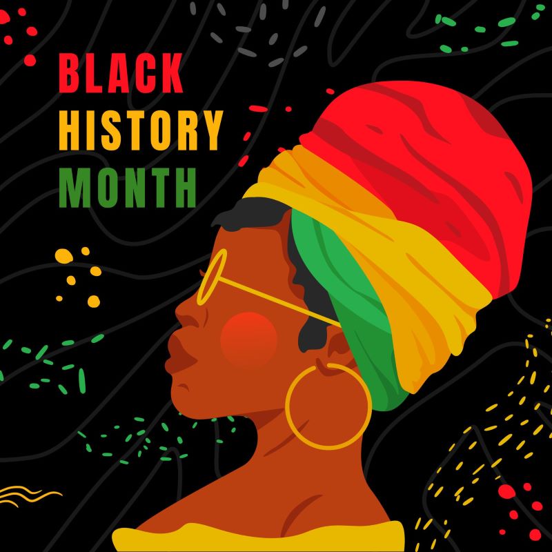 an illustration of an African woman in a headwrap and glasses with the words Black History Month