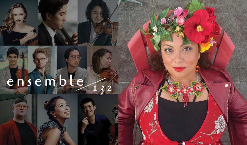 Anjoli Santiago wearing a floral headdress and necklace, with featured musicians