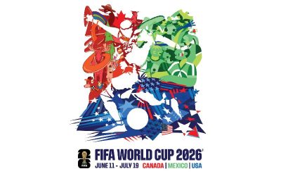 Abstract image of a soccer player kicking the ball composed with motifs of different nation flags, animals, and people.