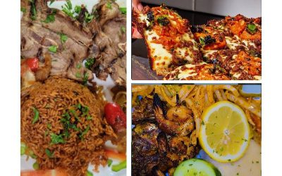 collage of a meat and rice plate, pizza, and a grilled shrimp dish with lemon