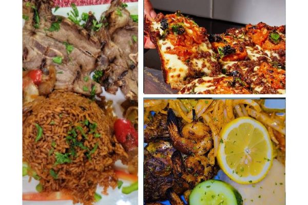 collage of a meat and rice plate, pizza, and a grilled shrimp dish with lemon