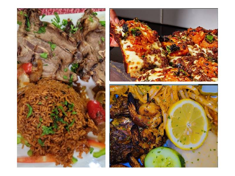 collage of a meat and rice plate, pizza, and a grilled shrimp dish with lemon