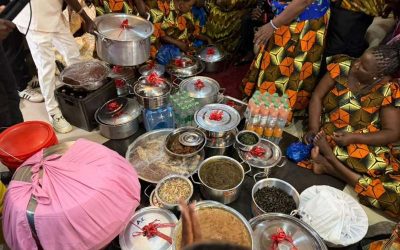Zambian wedding feast with multiple dishes laid out