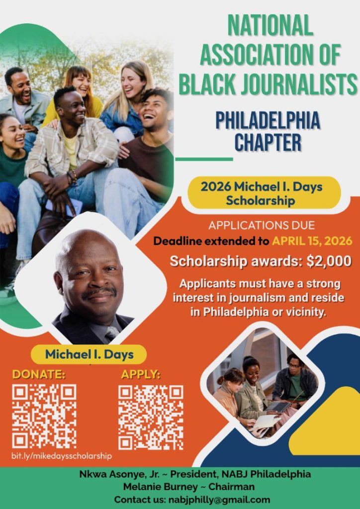 National Association of Black Journalists Philadelphia Chapter promotional image for Michael I. Days Scholarship. QR code to donate on the left , and QR code to apply in the middle of the image