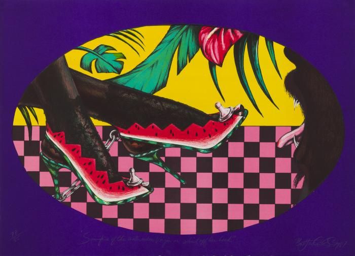 a print of a woman's feet wearing shoes with a watermelon motif and chess pawns on the front