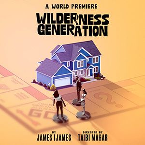 promotional image for Wilderness Generation, with three people and a house on a Monopoly-like game board