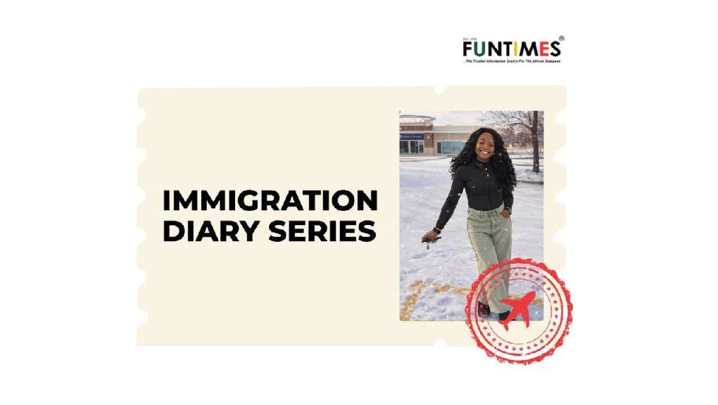 image for Immigration Diary Series, with photograph of Nigerian woman in the snow in Canada