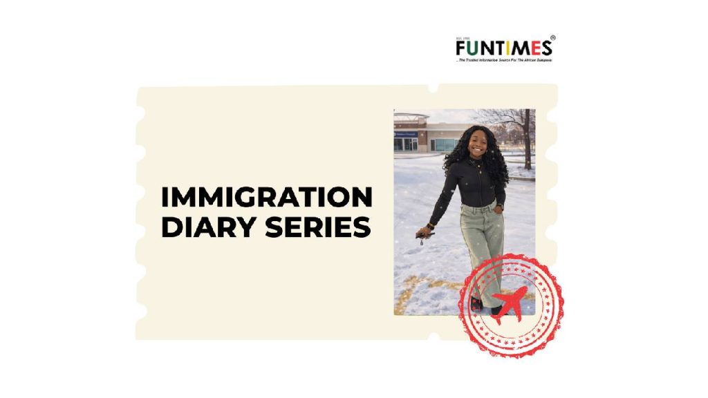 image for Immigration Diary Series, with photograph of Nigerian woman in the snow in Canada