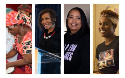 collage of Black women giving back to society including Folorunso Alakija, Dr. Precious Moloi-Motsepe, Arlan Hamilton, and Issa Rae
