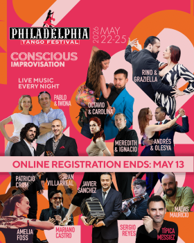 promotional image for Philadelphia Tango Festival, featuring performers and instructors