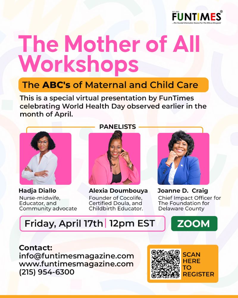 promotional image for The ABC's of Maternal and Child Care, with panelists Hadja Diallo, Alexia Doumbouya, and Joanne D. Craig. Registration QR code is on bottom right of image