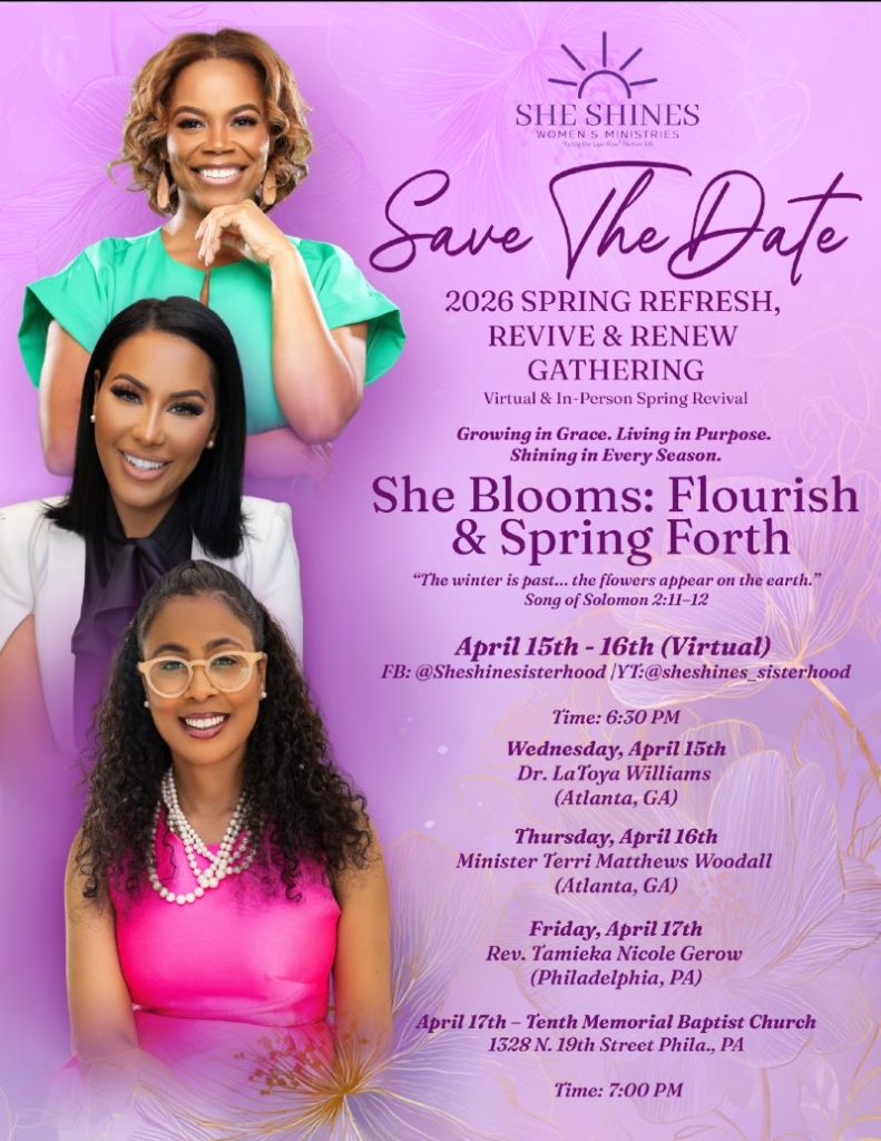 promotional image for She Blooms: Flourish & Spring Forth, with photos of presenters, Dr. Latoya Williams, Minister Terri Matthews Woodall, and Rev. Tamieka Nicole Gerow