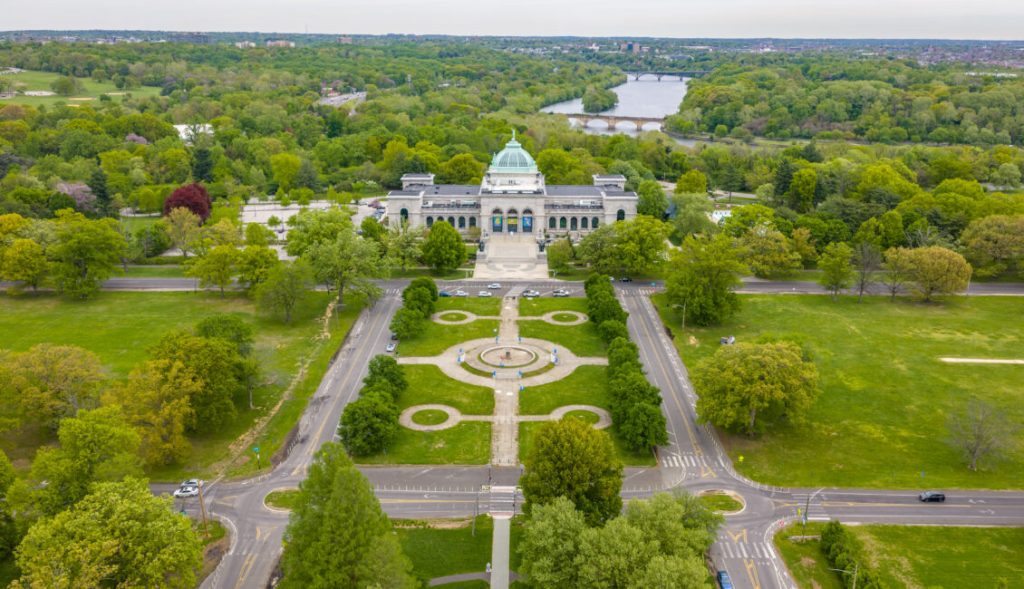 This aerial view shows Memorial Hall, home to the Please Touch Museum, located within Fairmount Park in Philadelphia.