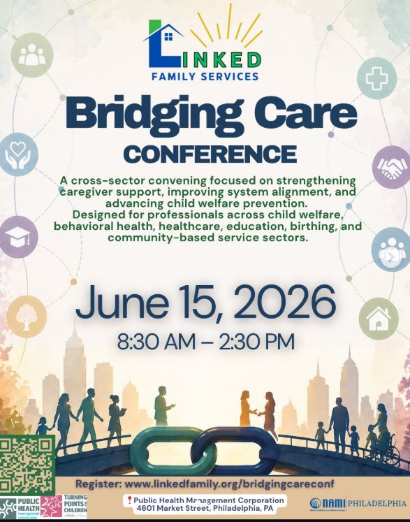 promotional image for the Bridging Care Conference, for professionals across child welfare, behavioral health, healthcare, education, birthing, and community-based service sectors. QR code for registration at bottom left.