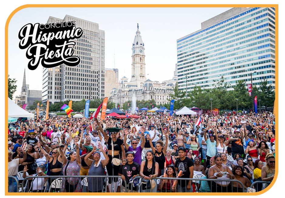 photo of Concilio Hispanic Fiesta, with huge crowd of participants outside of City Hall in Philadelphia
