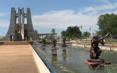 fountain with bronze statues, and a mountain-like monument with a statue of Kwame Nkrumah