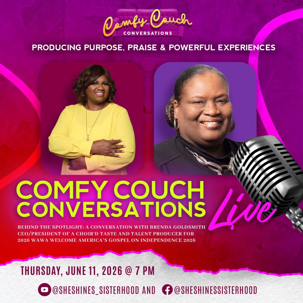 promo image for Comfy Couch Conversations from She Shines Sisterhood, featuring the two main speakers