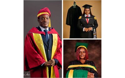 formal portrait of recent graduates wearing cap and gown