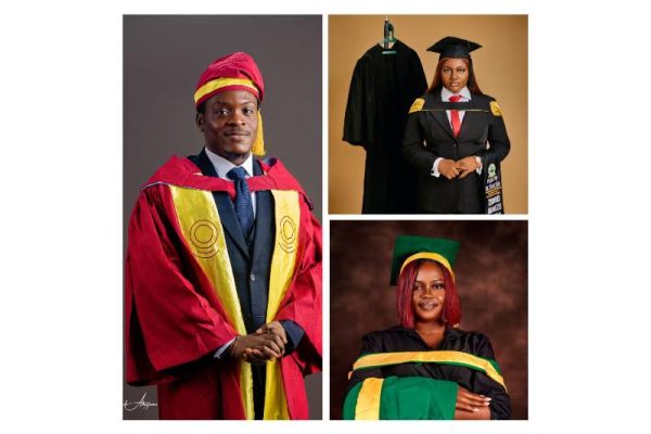 formal portrait of recent graduates wearing cap and gown