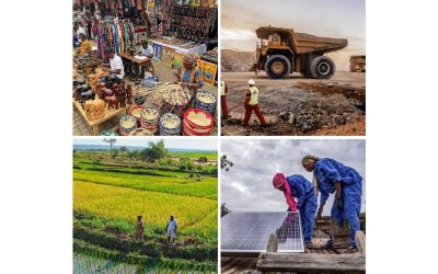 collage of various scenes in Africa, from a quarry to a marketplace, fields and rice paddies, and solar panels