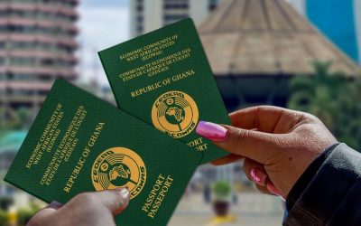 two hands holding Ghana passports in front of a cityscape