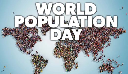 the letters "World Population Day" with a background of the world map created with miniature people