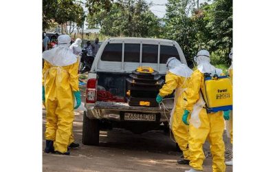health professionals in protective suits carrying a coffin onto the back of a truck for transport